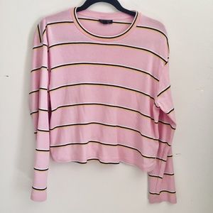 TOPSHOP Pink Stripe Long Sleeve Cropped Tee